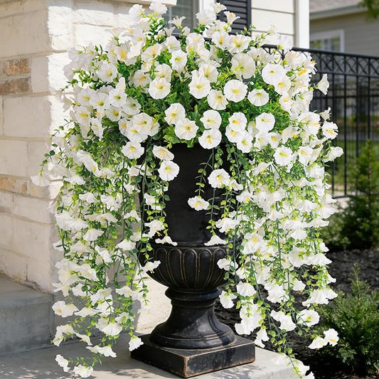 Fake Artificial Hanging Morning Glory Flowers for Outdoor Planters Porch Pation Decoration,2 Bundles UV Resistant Silk Faux Flowers with Realistic Eucalyptus Plants for Home Office Garden Decor(White)