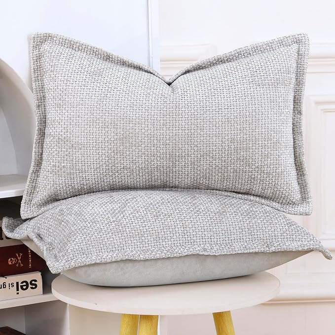 MADIZZ Decorative Chenille Velvet Throw Pillow Covers Set of 2 Soft Boho Textured Neutral Couch Throw Pillow for Bed Modern Farmhouse Home Decor for Sofa Livingroom Oatmeal 12x20 Inch