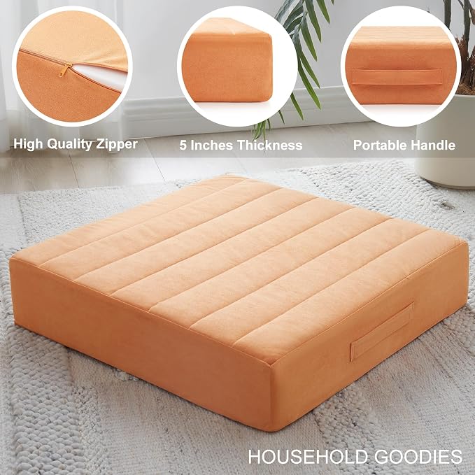 JKMAX 2 Pcs High Density Foam Floor Pillow - Upgraded Large Pillows Seating for Adults - Outdoor Floor Cushion with Soft Tufted Cover - Yoga Pillows for Sitting On Floor - 22 Inch Orange