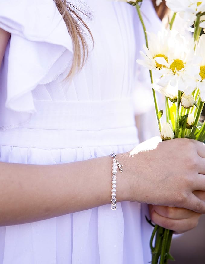 Cherished Moments Babe to Bride Keepsake Cross Bracelet Dedication Gift for Infant Newborn Baby Girl in 925 Sterling Silver with Initial Charm and Cultured Pearls