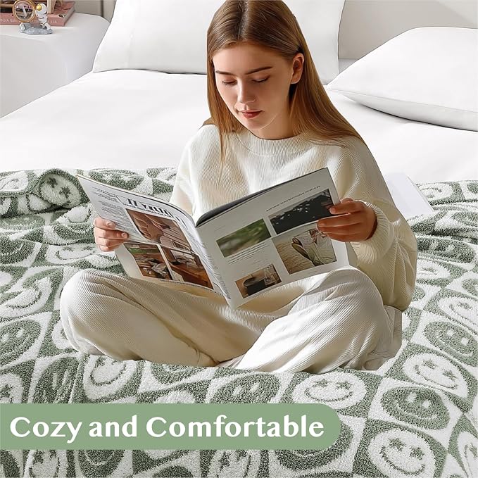 WRENSONGE Soft Checkered Throw Blanket for Couch-Cozy Warm Knitted Blankets | Lightweight Warm Fluffy Decor for Women, Mom, Her & Girls, Sofa, Chair, Bed, 50x60in, Seagrass Smiling Face