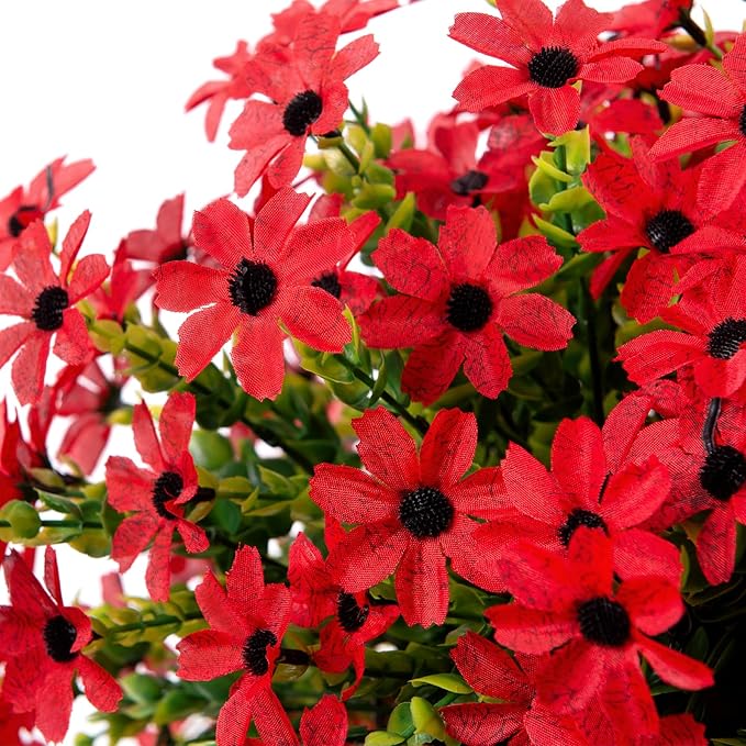INXUGAO Artificial Hanging Flowers Plants with Basket for Outdoors, Realistic Faux Silk Daisy Flower Eucalyptus for Spring Decor, UV Resistant Fake Plants for Porch Patio Yard Balcony (Red)