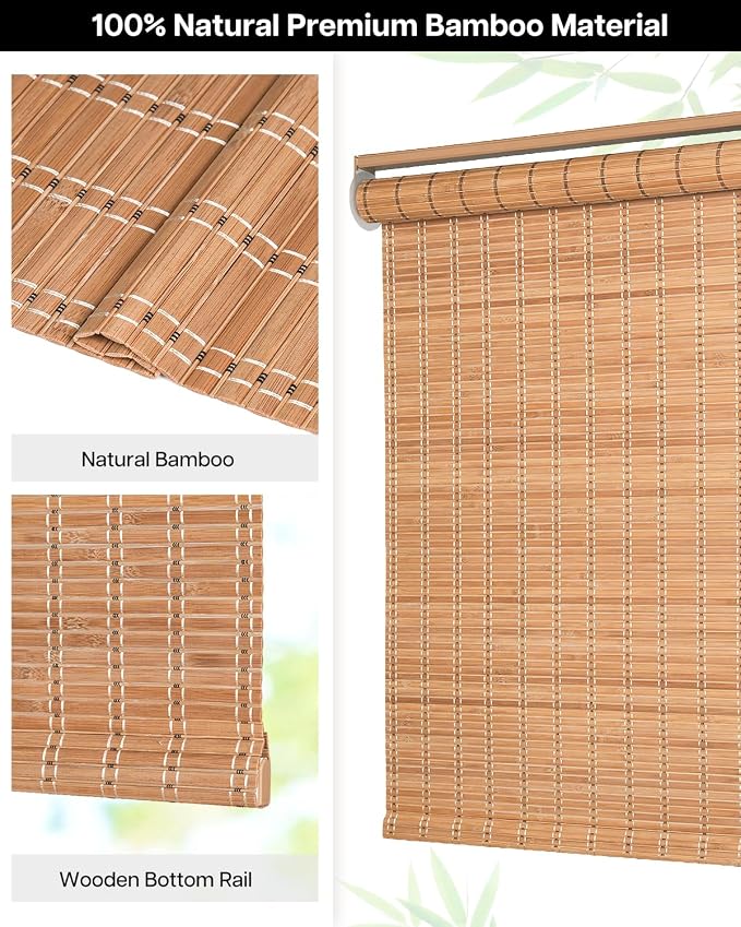 LazBlinds Cordless Bamboo Roller Shades, 25" W x 70" H, Brown206 | Natural Light Filtering Bamboo Window Blinds, Bamboo Roll Up Shades for Bedroom Living Room Office Indoor