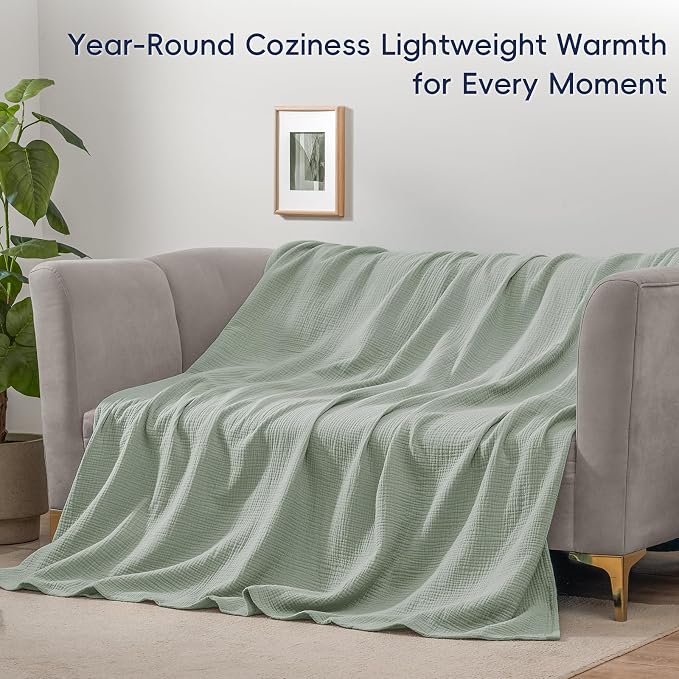 PHF 100% Cotton Muslin Blanket King Size 108"x90", 4-Layer Lightweight Gauze Throw, Breathable Cloud-Soft Minimalist Blanket for Bed, Couch, Camping & Baby, Sage Green, Ideal Gift
