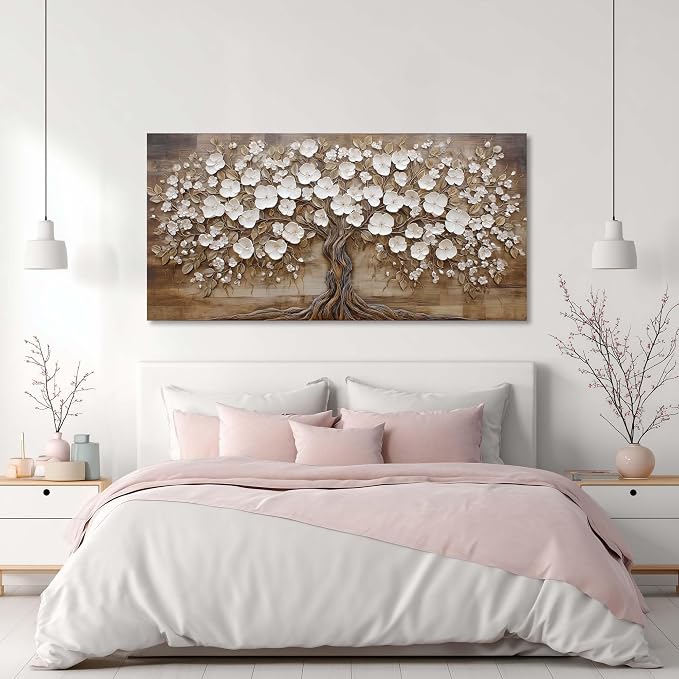Ggaafet Retro Tree Wall Art for Living Room Canvas Oil Painting Prints Beautiful White FLower Floral Blooming Art Deco Rustic Artwork Office Bedroom Farmhouse Dining Room Decor Large