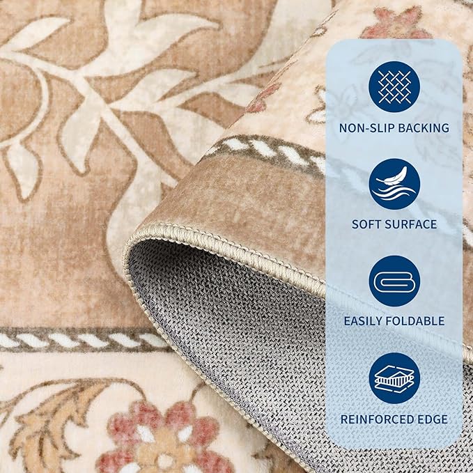 GarveeHome Provence 9x12 Area Rug for Living Room, Botanical Grove Pink Brown Scroll Cottagecore Washable Rug for Bedroom Dining Nursery Low-Pile Vintage Large Carpet