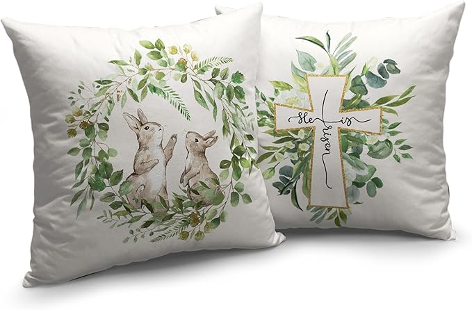 Easter Throw Pillow Covers Set of 2 Spring Wreath Garland Bunny Pillow Protectors He is Risen Cross Decorative Pillow Case 22x22 for Easter Decorations Couch Patio