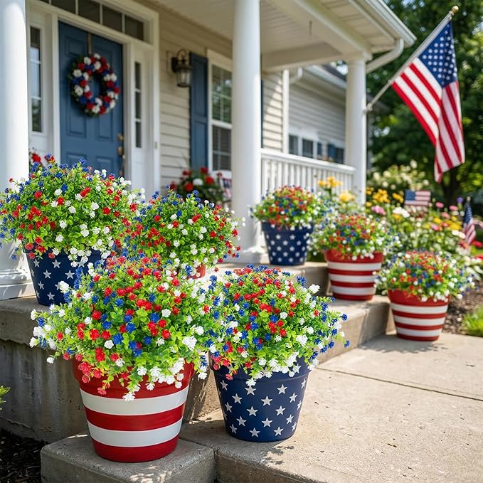 Hananona 48 Pcs Artificial Flowers Outdoor, Faux Artificial Plants UV Resistant Plastic PatrioticFlower for Hanging Planter Porch Window 4th of July Decor (48, Red, White, Blue)