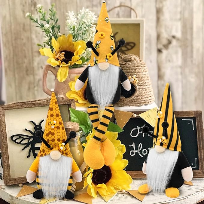 Bumble Bee Gnomes Spring Decor, 3Pcs Rustic Farmhouse Decor Indoor for Home Office Party Spring Gnomes Table Decorations, Summer Honey Bee Themed Gifts