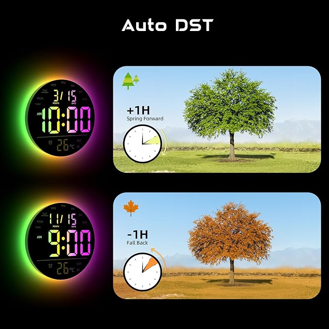 EASYERA 10" Large Digital Wall Clock with Remote Control, Music Sync RGB Atmosphere Light, Low-Reflectivity, Temperature, LED Display, Dual Alarms, BT Sync, Auto DST for Bedroom and Classroom