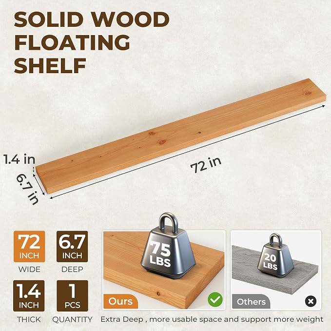 72 inch Floating Shelves for Wall, High End Solid Real Wood Floating Shelf with Heavy Duty Invisible Bracket 72in Long Wooden Wall Shelves for Living Room, Bedroom, Kitchen, Bathroom, Set of 1,Natural