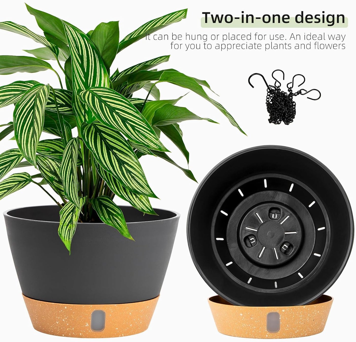 QCQHDU 2 Pack Hanging Planters for Indoor Outdoor Plants, 8 Inch Hanging Baskets Flower Pots with Reservoir Tray & Visible Water-Level