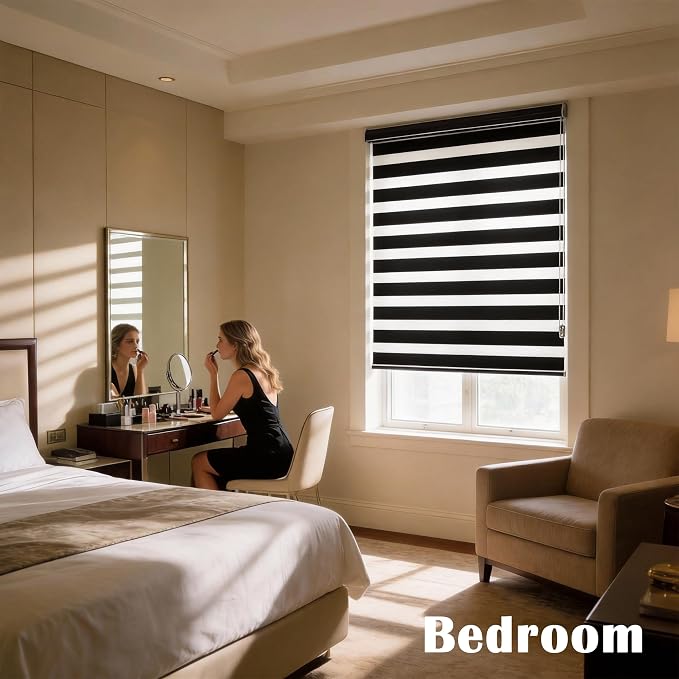 Blackout Zebra Blinds, Dual Layer Free-Stop, Room Darkening Zebra Shades, Blinds for Indoor Windows, Light Filtering Privacy Sheer Shade for Home(73" W X 72" H, Black)