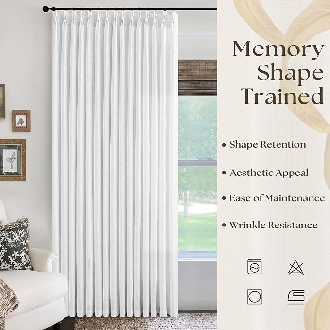 Extra Wide White Linen Curtain 96 Inches Long 70 Inch Wide for Living Dining Room Semi Sheer Pinch Pleated Drapes Patio Sliding Glass Door Hooks Rings Non See Through Privacy Curtain 70x96 1 Panel