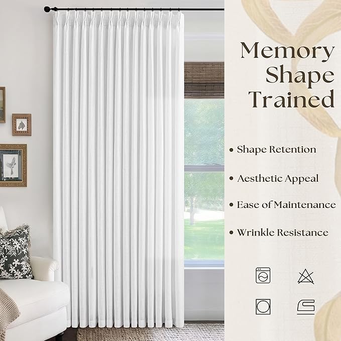 Snow White Linen Curtains Pinch Pleated 84 Inches Long for Living Room Bedroom Pleat with Hooks Rings Back Tab Semi Sheer Curtains 84 Inch Length Light Filtering Luxury Farmhouse Drape 1 Panel