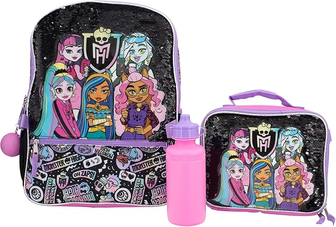 AI ACCESSORY INNOVATIONS Monster High 4 Piece Backpack Set, Clawdeen Wolf, Cleo DeNile, Dracularua, Frankie Stein, & Lagoona Blue Bookbag, Flip Sequins 16” School Bag, Black & Pink