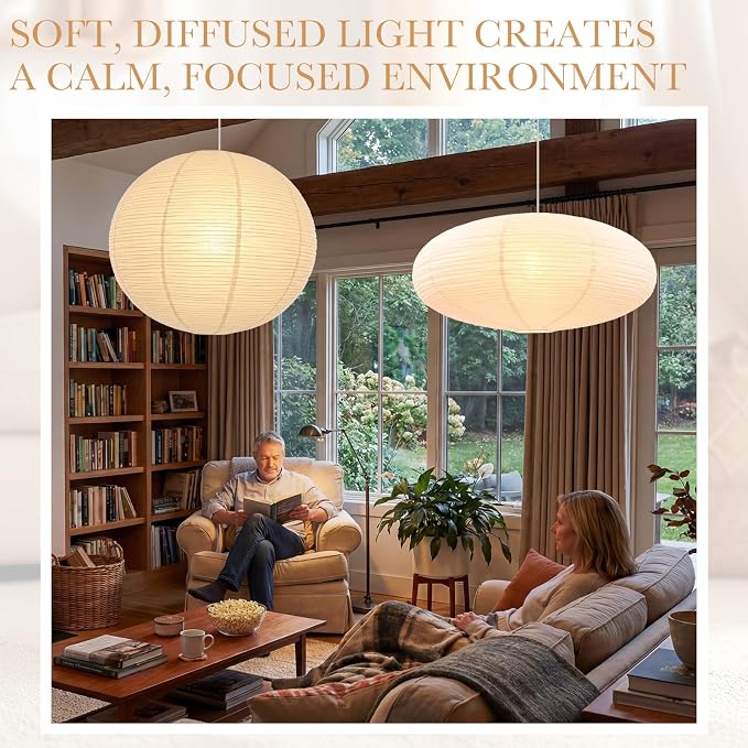 Nuanchu 2 Pack 30" Large Hanging Paper Lampshade Set Round and Oval White Lanterns Pendant Ceiling Light Shade with 20ft Cord and Hooks Chinese Foldable Light Covers for Dining Room Home Decor