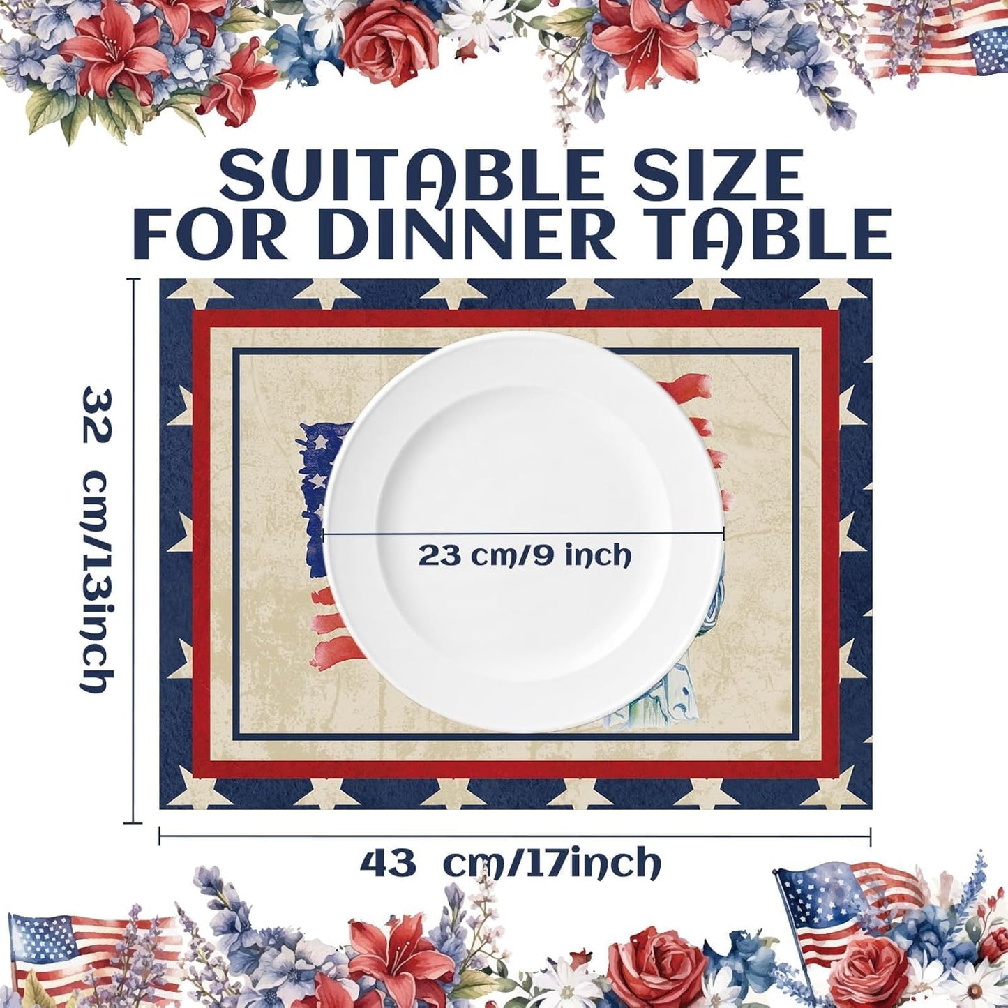 4th of July Placemats Set of 6 Patriotic Plastic Table Mats Independence Memorial Day Vintage America Flag Stars Stripe Place Mats Vinyl Table Decoration for Indoor Outdoor Party Kitchen Dining