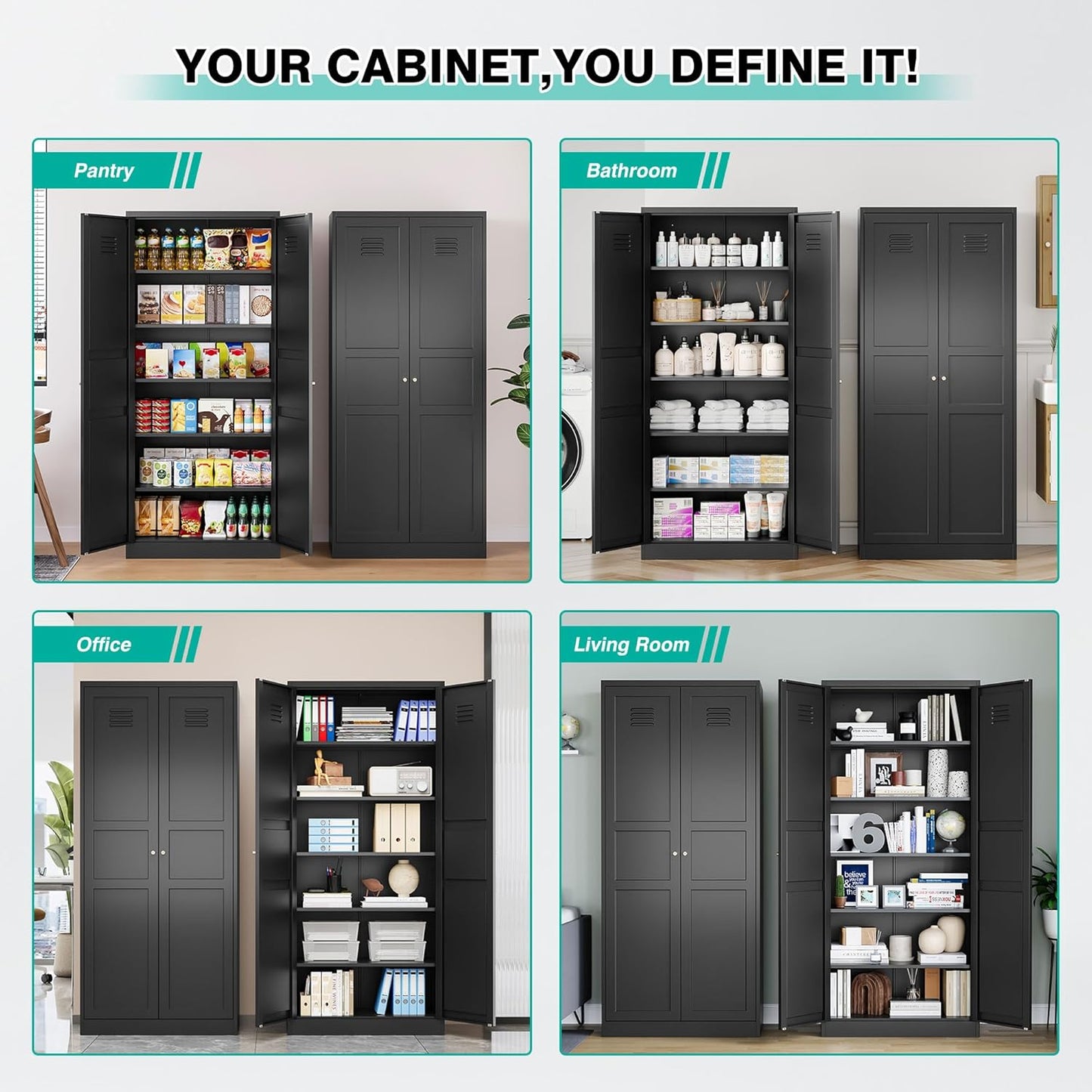 SISESOL Black Storage Cabinet,71" Tall Pantry Cabinet,Kitchen Pantry Storage Cabinets with 2 Doors and 6 Shelves,Wide Deep Metal Food Cupboard for Home,Kitchen,Dining/Living Room