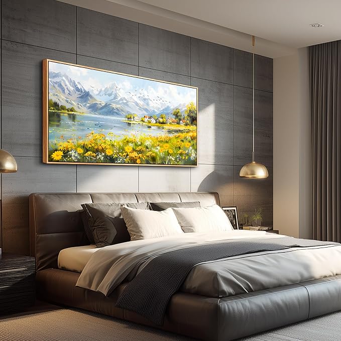 XIGUANGART Large Wall Art for Living Room, River Landscape Wall Art, Meadow Wildflower Canvas Art Prints, Countryside Sunset Paintings Wall Decor for Bedroom, Farmhouse Kitchen Decor Pictures 24"X48"