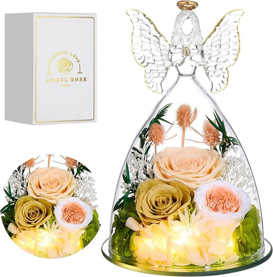Mothers Day Rose Gifts for Women Preserved Real Flower in Glass Angel Figurines Roses for Delivery Prime Birthday Gifts for Mom Grandma Girlfriend Wife Her, ChampagneGold Austin