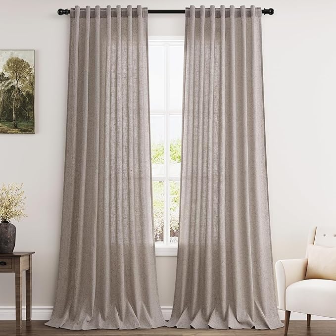 Nanspring Brownish Grey Linen Curtains for Living Room 95 Inches Long Back Tab Light Filtering Semi Sheer Curtain Modern Farmhouse Decor for Bedroom Office Luxury Textured Drapes 52x95, 2 Panels
