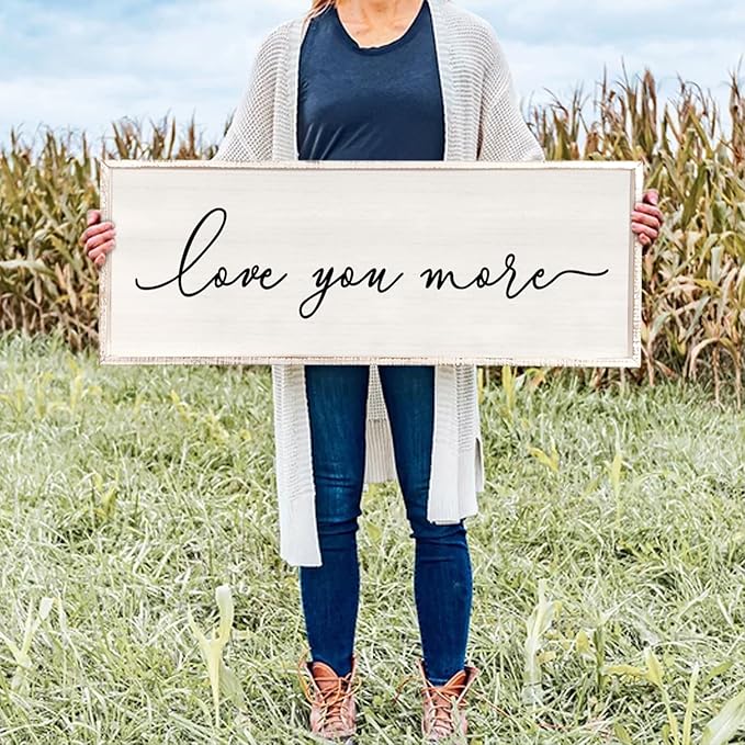 Love You More Sign Wall Decor 40''×15'' Large Vintage Framed Wood Modern Farmhouse Wall Decor for Master Bedroom Above Over Bed Minimalist Wall Art Hanging (White)