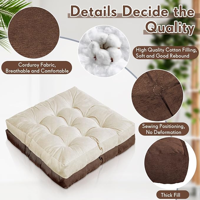 Jerify 4 Pcs Floor Pillow Cushions Large Round Square Large Meditation Floor Pillow for Classroom Adult Meditation Picnic Party Seating Learning Daycare School (Square,Brown)