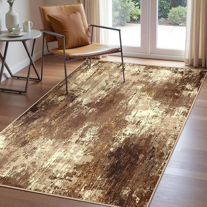 RELEANY Washable Area Rugs 3'x5' Non-Slip Modern Abstract Soft for Living Room Entryway Bedroom Nursery, Print Pattern, Brown Tan Beige Coffee
