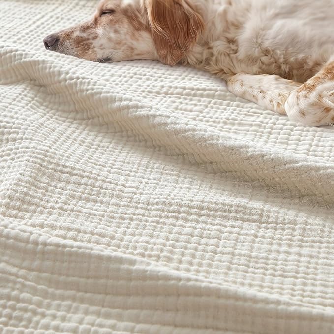 PHF 100% Cotton Muslin Blanket Queen Size 90"x90", 4-Layer Lightweight Gauze Throw, Breathable Cloud-Soft Minimalist Blanket for Bed, Couch, Camping & Baby, Oat Milk, Ideal Gift