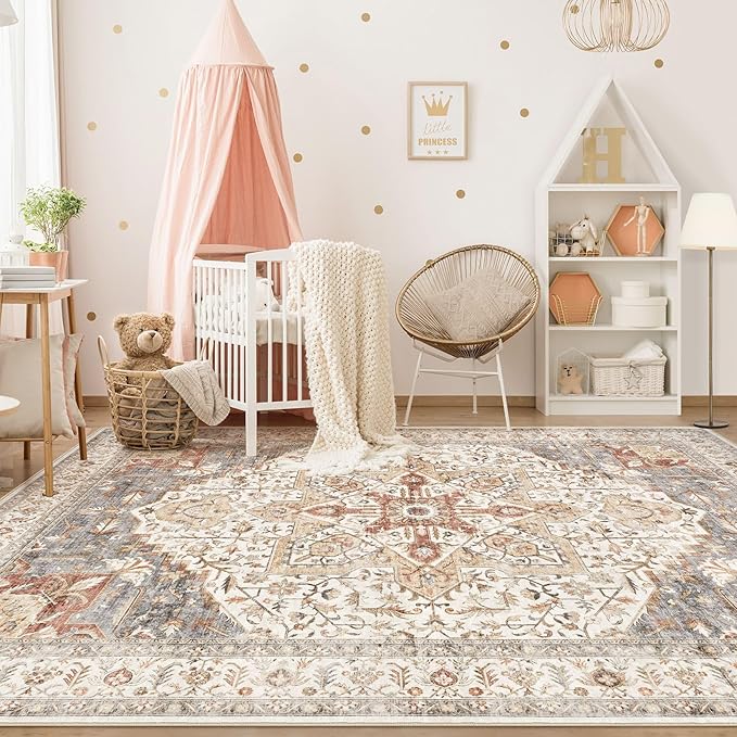Tortania Area Rug Living Room Rugs - 12x15 Washable Boho Rug Vintage Oriental Distressed Farmhouse Large Thin Indoor Carpet for Living Room Bedroom Under Dining Table Home Office - Orange Multi