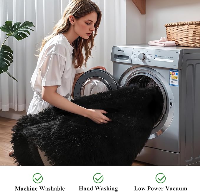 KCHOWUA Thick Area Rug Black Fluffy Shag 5x8 for Bedroom, Ultra Soft Plush Shaggy Fuzzy Carpet, Thickened Washable Non-Slip Cozy Furry Rug for Living Room, Kids, Girls Boys Baby Nursery, and Dorm