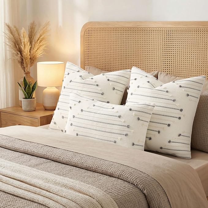 Mecatny Boho Summer Outdoor Throw Pillow Covers 18X18 Set of 2, Farmhouse Decorative Pillow Covers for Couch Sofa Living Room, Beige & Grey