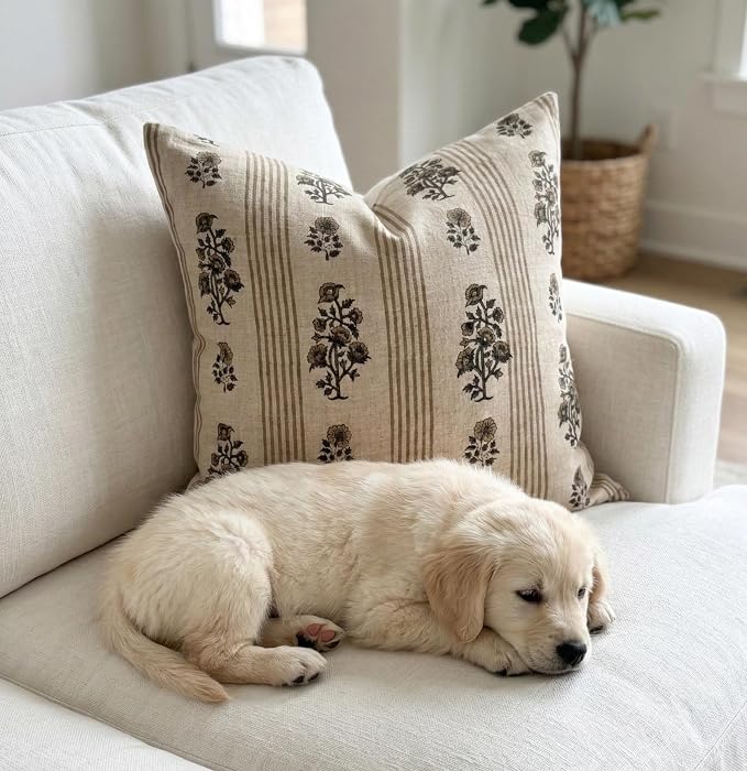Linen Throw Pillow Covers 20x20 inch Floral Pillows Stripe Spring Decorative Pillow Covers for Living Room, Bedroom