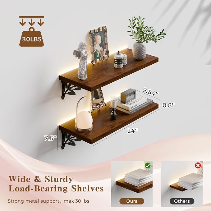 24 Inch 2 Tier Solid Wood Floating Shelves with LED Light, Metal Brackets | 24 inch solid pine shelves, 2 tier, warm LED light, walnut finish, metal brackets for books and decor