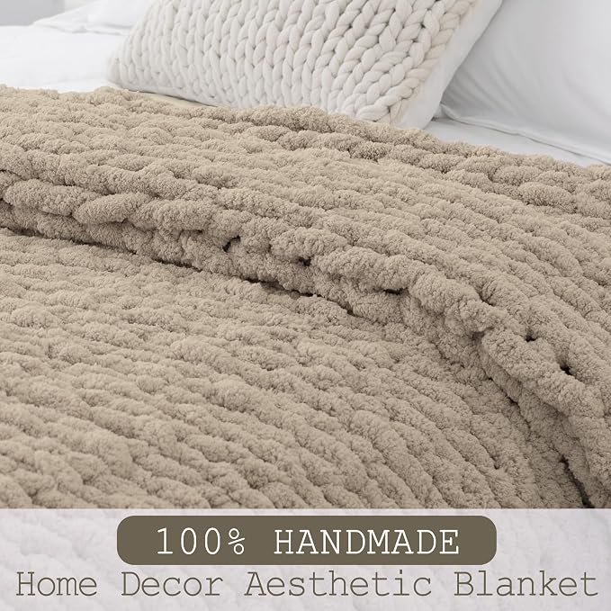 Chunky Knit Throw Blanket 60x80, 100% Handmade Chenille Yarn | 6.7lbs Soft Thick Cable Knitted Blankets, Large Rope Knot Crochet Throws for Couch Sofa Bed Machine Washable, Taupe