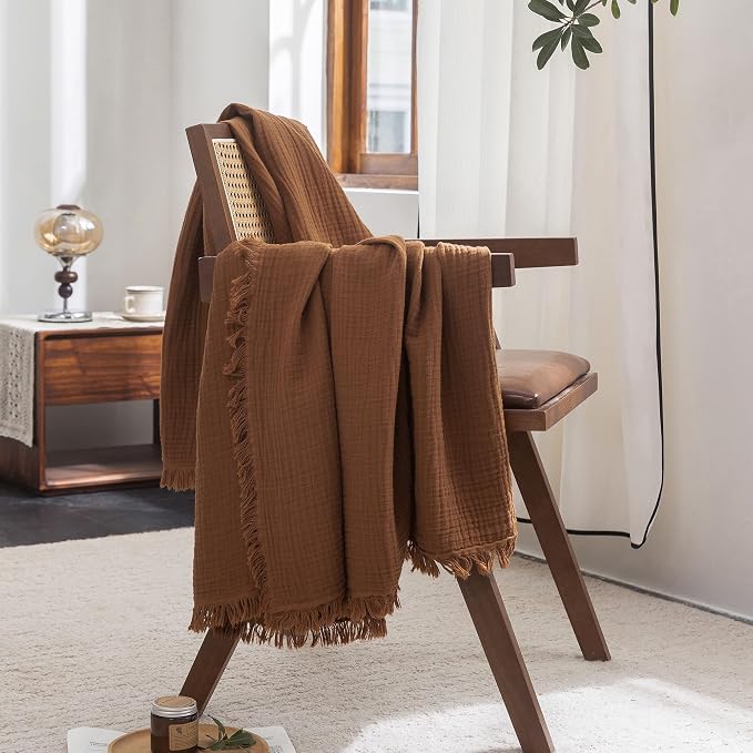 FOSSA Muslin Blanket 4-Layer 100% Cotton Gauze Blanket with Fringe 90"x90" | Super Soft Breathable Lightweight All Season & Decorative Blanket or Bed, Sofa, Office (Dark Orange,Queen)
