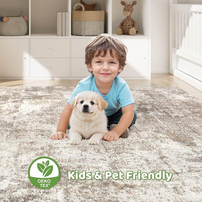 7x9 Area Rug Living Room: Washable Large Abstract Soft Rugs Stain Resistant Indoor Floor Non-Slip Accent Carpet for Women Modern Home Enthusiasts Aged 25-45 - Bedroom Nursery Playroom- Beige Brown