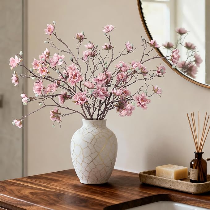 HyeFlora 3PCS Artificial Magnolia Flowers Stems for Spring Decoration, Faux Pink Magnolia Branches with Buds, 34.5" Long Stems Floral Arrangement for Vase Pot Table Centerpiece Indoor Decor