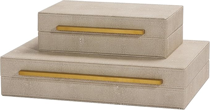 Kingflux Ivory Shagreen Leather Set of 2pcs Decorative Boxes, Storage Boxes Jewelry Organizer, Woment&Men's Accessory Organizer ，Memory Keepsake Box with Brushed Gold handle(Ivory)
