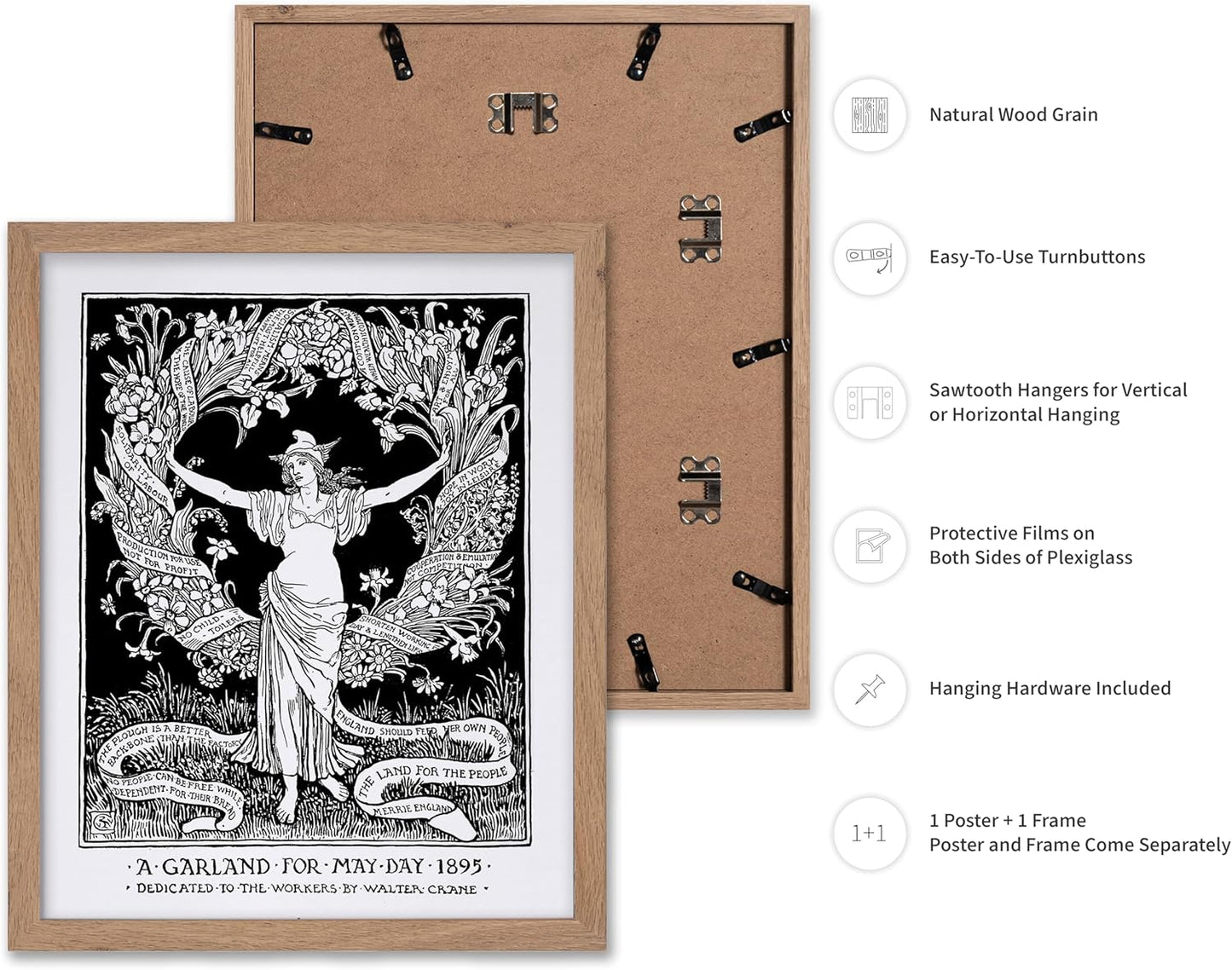 Poster Master Vintage Walter Crane Poster - Retro A Garland for May Day Print - Socialist Art - Gift for Him, Her, Men, Women - Wall Decor for Home, Office, Living Room, 8x10 Beige Framed