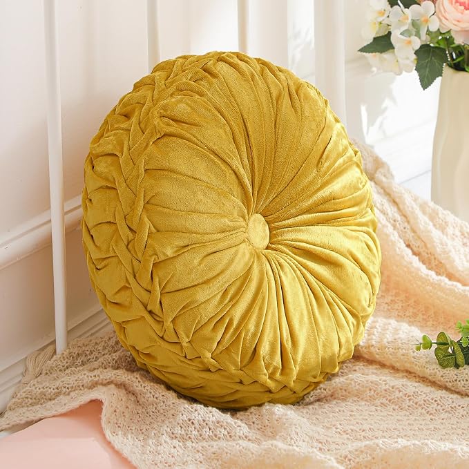 Drydiet 1 Pcs Round Throw Velvet Pillows Decorative Pleated Throw Pillows Diameter Accent Pumpkin Boho Chair Cushion for Couch Sofa Home Decoration (Golden Mustard,15'')