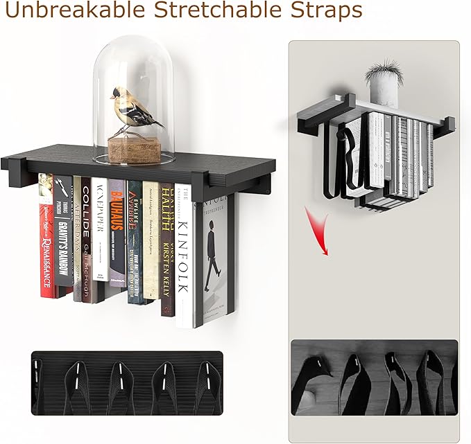 NANATI 2 Set of Floating Bookshelf, Pine Wood Invisible Bookshelf, Hanging Bookshelves for Wall, Unique Space Saving Wall Bookcase, New Black (16.5L×8.7W×1.5H)
