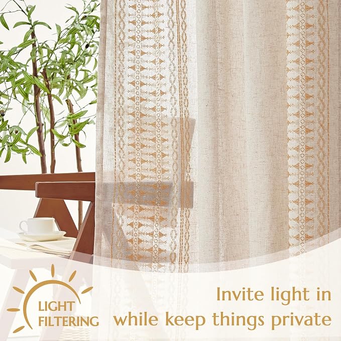 jinchan Boho Curtains for Bedroom Linen Blend Boho Curtains 96 Inches Long 2 Panels Farmhouse Embroidered Drapes for Living Room Drapes Light Filtering Grommet Window Traetments Gold on Beige