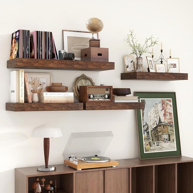 FLYJOE Deep Floating Shelves 24 Inches Long Set of 2 | 12 Inch Deep Shelves for Wall, Rustic Brown Wood Shelves for Bathroom Living Room Laundry Room Kitchen