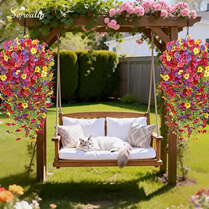 Serwalin 6PCS Artificial Hanging Flowers for Outdoors, UV Resistant Fake Hanging Plants, Realistic Weatherproof Outdoor Decor for Patio, Porch, Garden & Window (Spring Color, 6PCS)