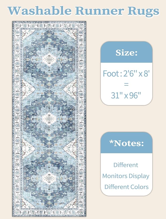 SERISSA Boho Washable Runner Rug, 2'6"x8' Non-Slip Vintage Blue Hallway Kitchen Runner Rug Ultra Soft Print Distressed Floor Carpet for Bedroom Bathroom Laundry Living Room
