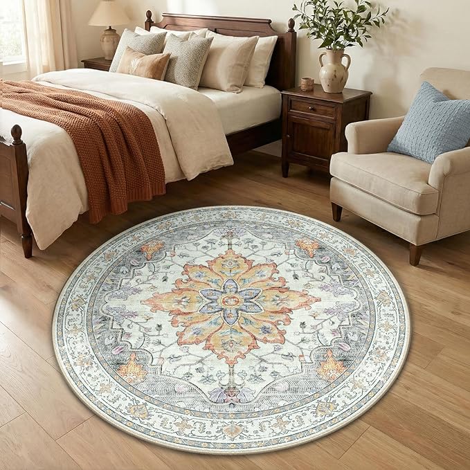 RELEANY Area Rugs 4ft Washable Non-Slip, Floral Vintage Distress Print Pattern Medallion Carpet for Living Room Bedroom Dining Room, Light Yellow Carbon Grey Orange