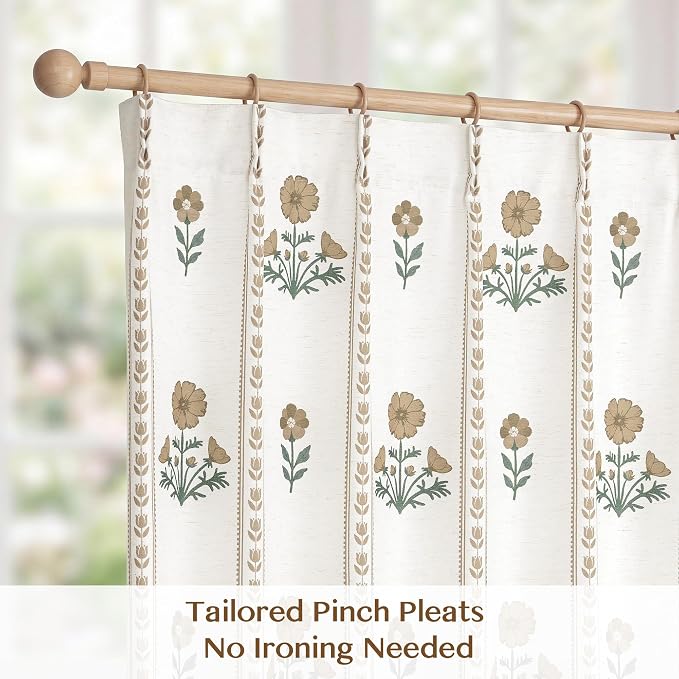 THREE GIRLS Pinch Pleated Light Filtering Linen Blend Floral Block Print Curtains for Bedroom, Dining Room, Living Room, Farmhouse, Memory Trained, Hooks, 2 Panels Set, 40"x95", Brown