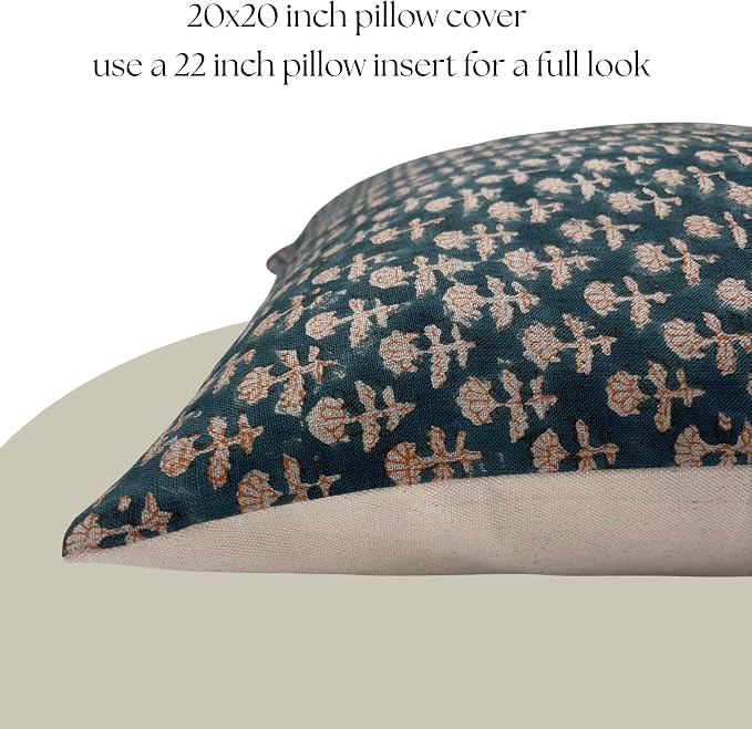 Linen Blue Throw Pillow Covers 20x20 inch Floral Pillows Spring Decorative Pillow Covers for Living Room, Bedroom